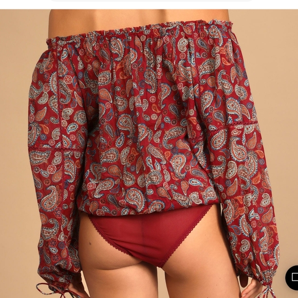 Nwot freePeople Sundown Rust Red Paisley Print Off-the-Shoulder Bodysuit sz-M - Picture 3 of 9